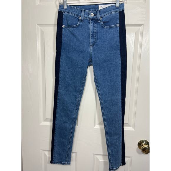 Rag & Bone Double Indigo Jean High Waist Skinny Womens 26 2 Tuxedo Tonal Stripe - Picture 1 of 8